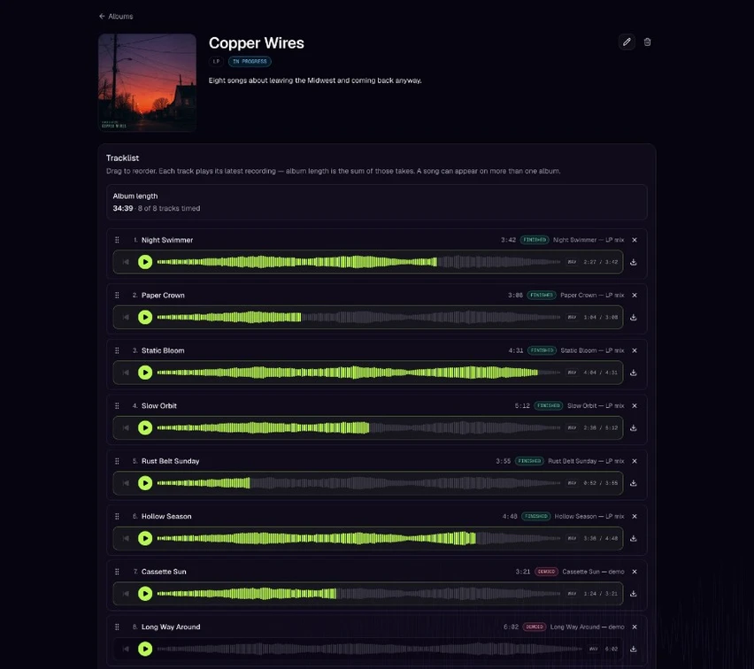 RiffPile's album page for an example band, showing a tracklist where every song plays its latest recording as a waveform